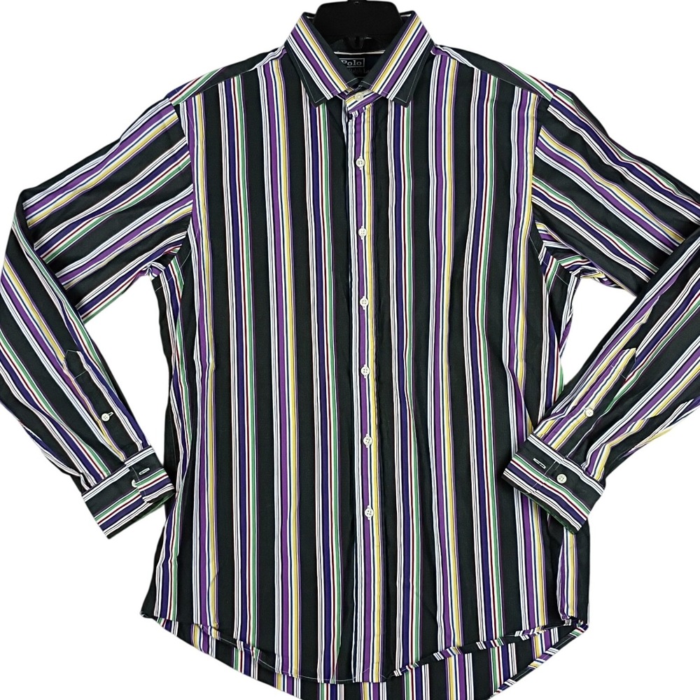 Vintage Polo Ralph Lauren Regent Custom Shirt Mens L Multi Stripe Purple Party